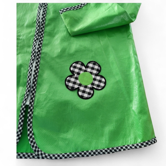 Vintage Kids Raincoat Cach Cach Green With Floral Accents / Checkered Trim - Picture 2 of 7